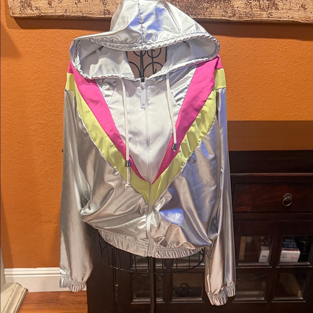 Large Silver Windbreaker Bomber Jacket with Pink and Yellow